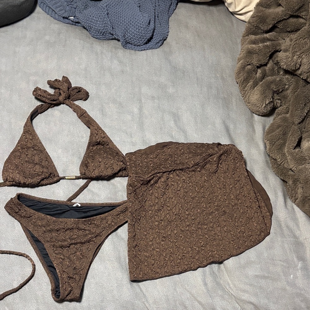Women’s Brown Textured Triangle Bikini Set with Cover-Up